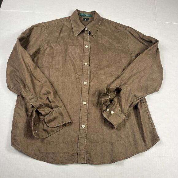 Lauren Ralph Lauren Linen Button Down Shirt Brown Collared Long Sleeve Top PM - Picture 1 of 11
